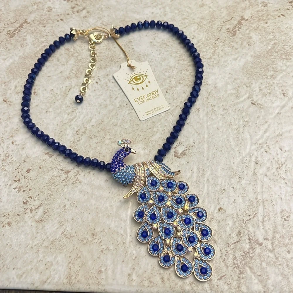 Eye Candy Glass Crystal Peacock Necklace New